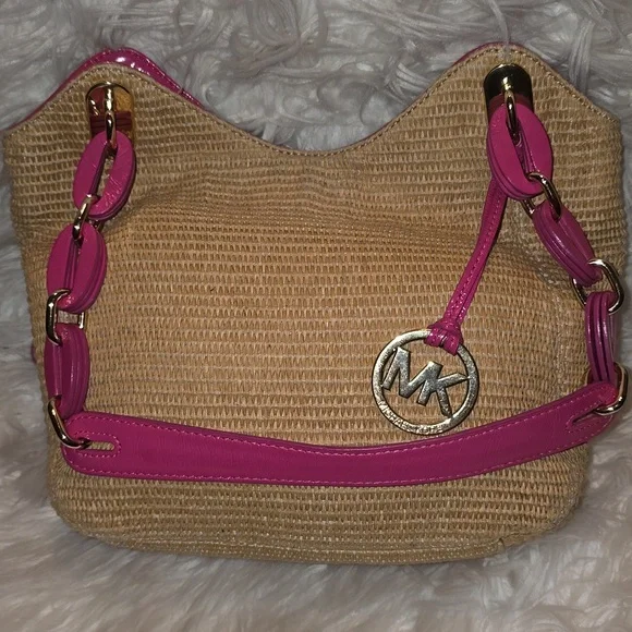 Michael Kors Pink and Tan Woven Shoulder Bag with Braided Straps - Picture 3 of 11
